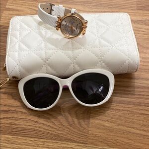 White Quilted Wallet, Sunglasses, and Watch Set